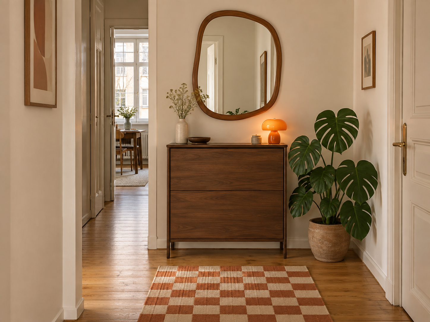 Warmer kleiner Flur mit schmalem Holzschrank, rundem Spiegel, Monstera und orangefarbener Leuchte